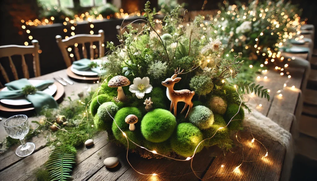 Whimsical Details: Centerpieces with fairy lights, moss, and small figurines.